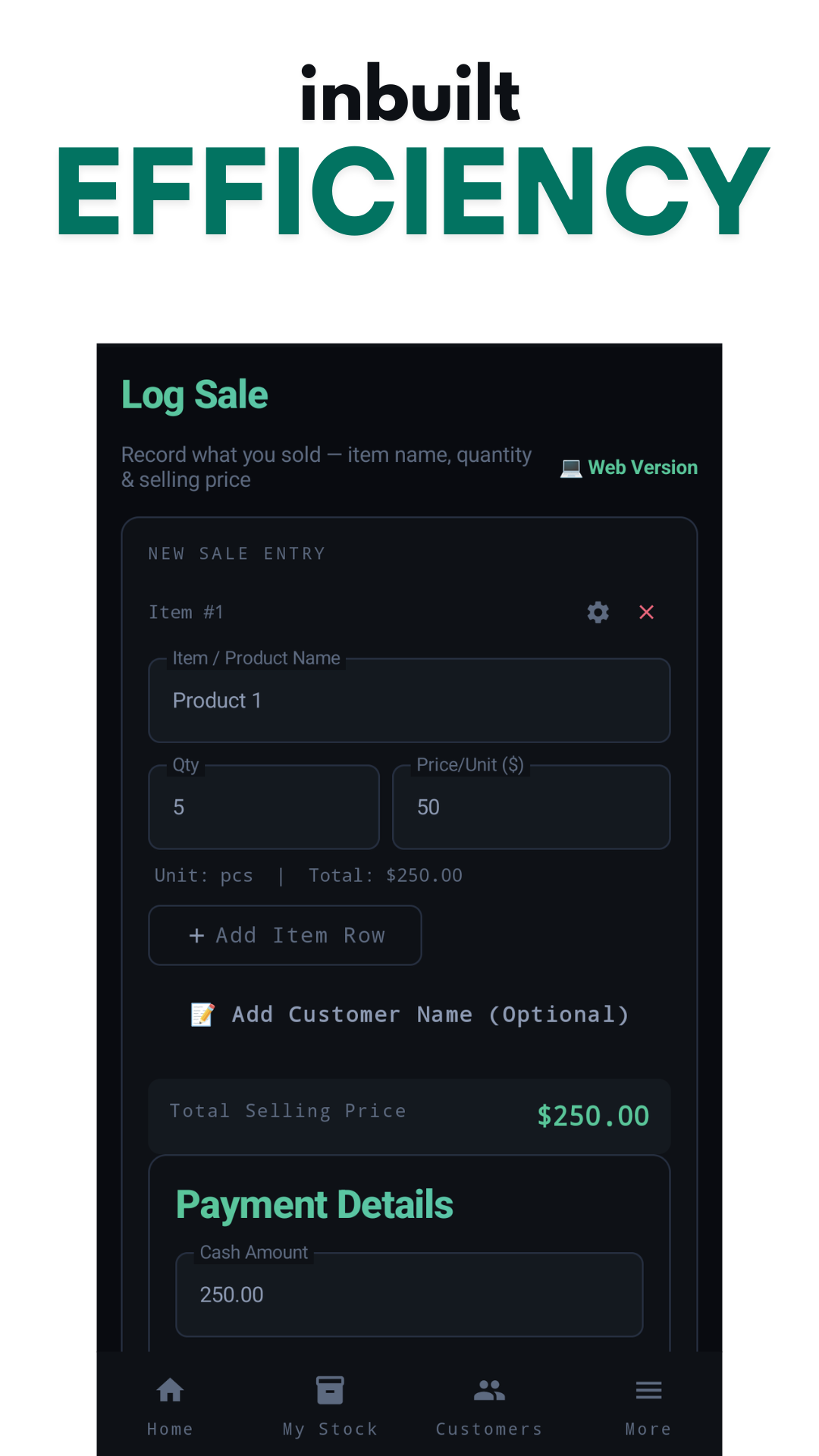 Log sale screen with product rows and payment method
